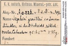 Etiketten zu Korund (Saphir) (NHMW-MIN-Ao226)